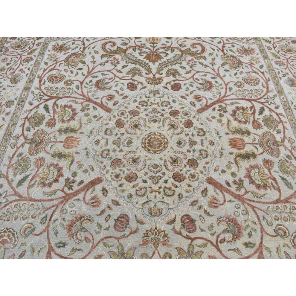 Gray Silk With Wool Mughal Inspired Branch Design Hand Knotted Rug 10'1"x13'9"