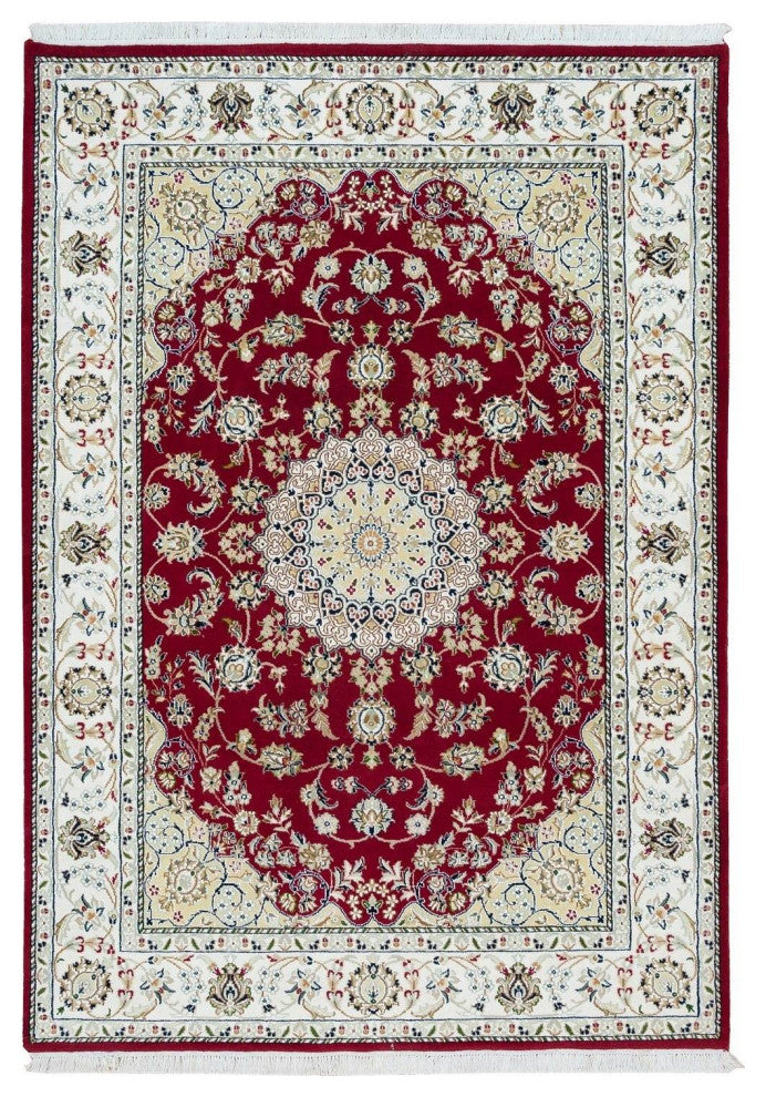 Burgundy Red, Nain Design, 250 KPSI, Soft Wool Hand Knotted Rug, 4'6"x6'10"