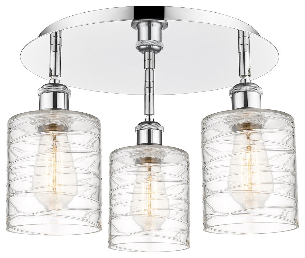 Cobbleskill-3 Light 17" Flush Mount-Polished Chrome, Deco Swirl Glass Shade