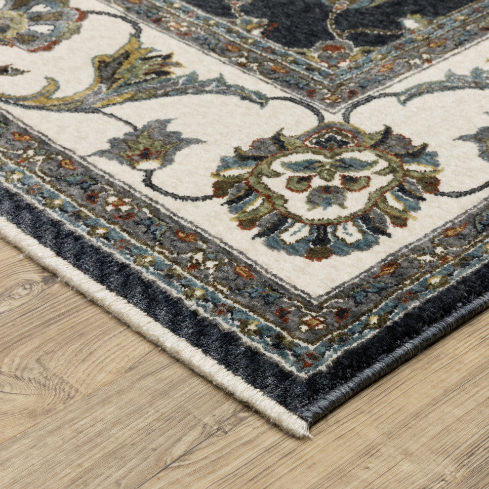 Vaughan Bordered Traditional Navy/ Ivory Fringe Edge Rug 7'10" x 10'10"