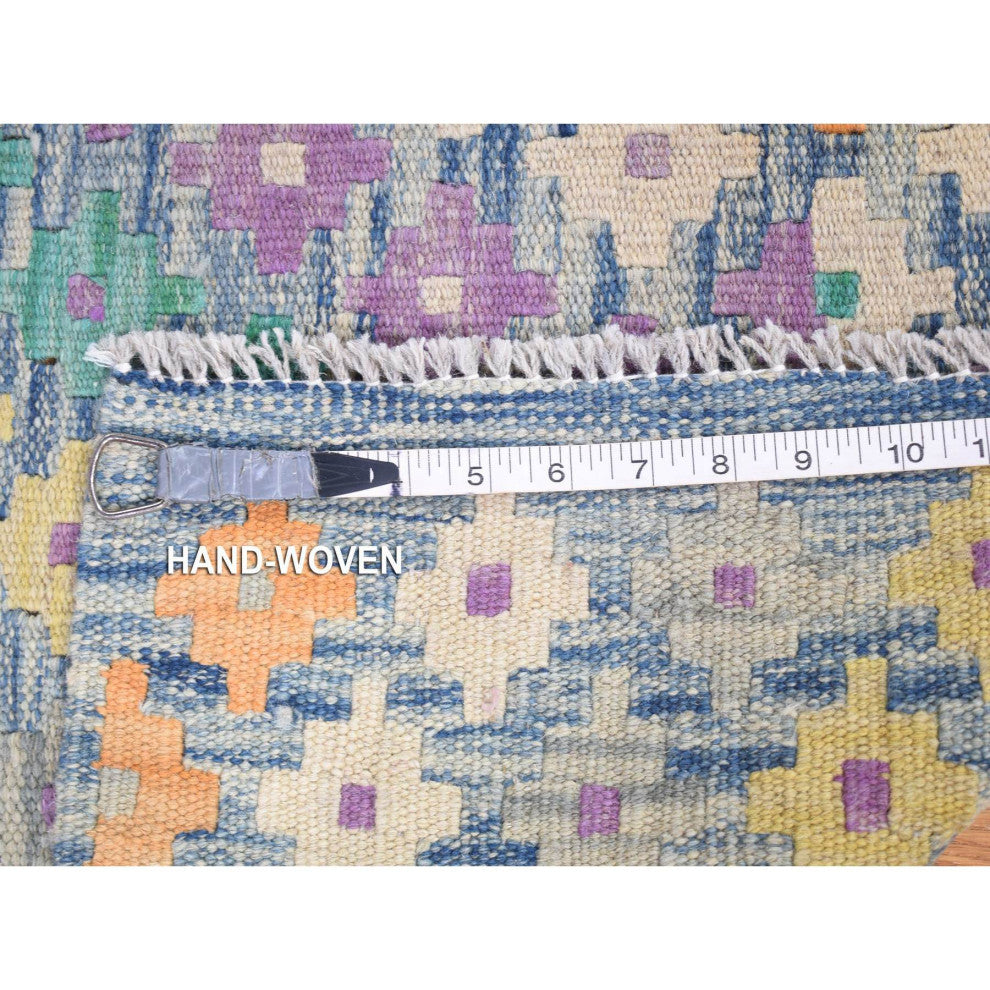 Gray Afghan Kilim with Geometric Design Multicolor Flat Weave Rug 10'3" x 13'2"