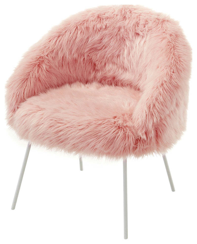 Connor Faux Fur Accent Chair, White Powder Coated Metal Leg, Rose