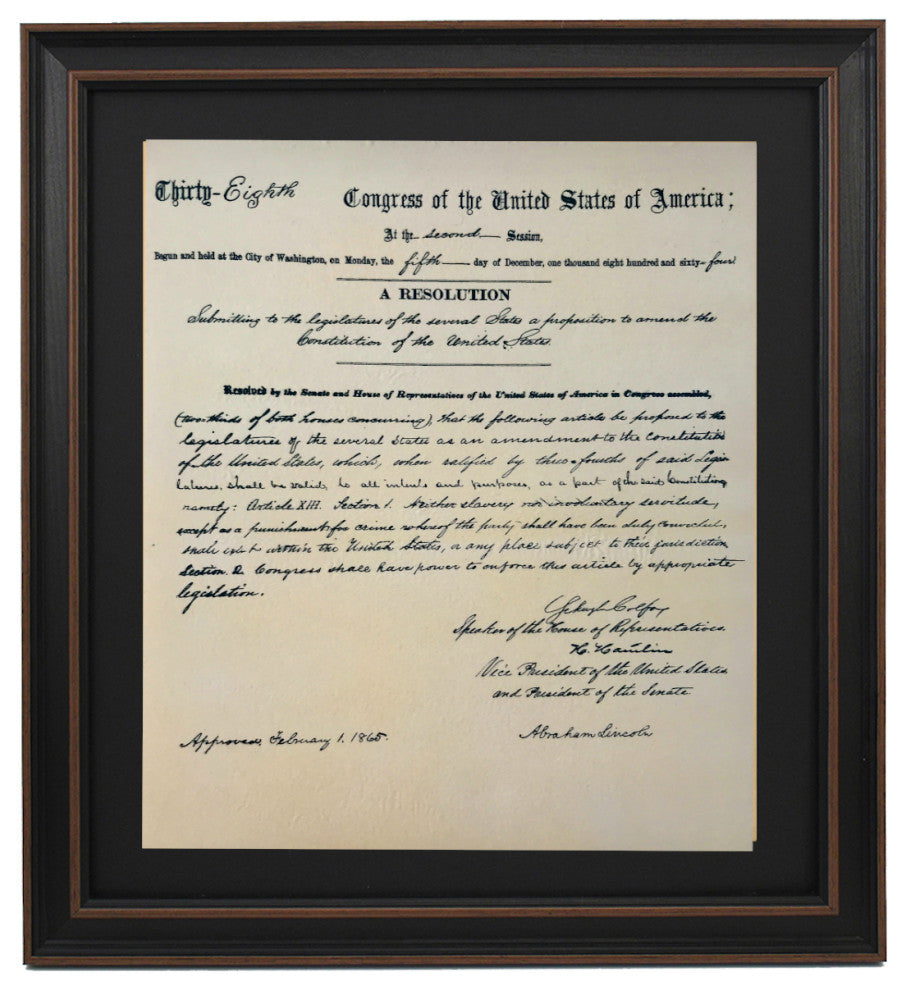 Framed Thirteenth Amendment to the Constitution. Anti-slavery Amendment