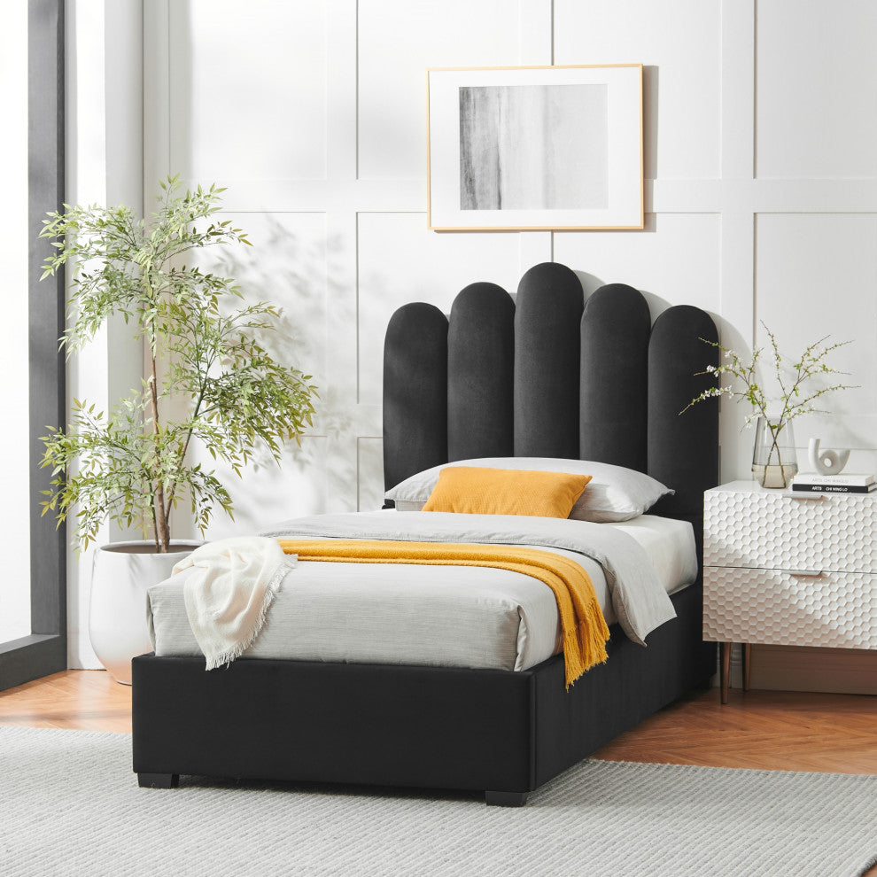 Inspired Home Monty Bed, Velvet Upholstered Scalloped Headboard, Black, Twin Xl