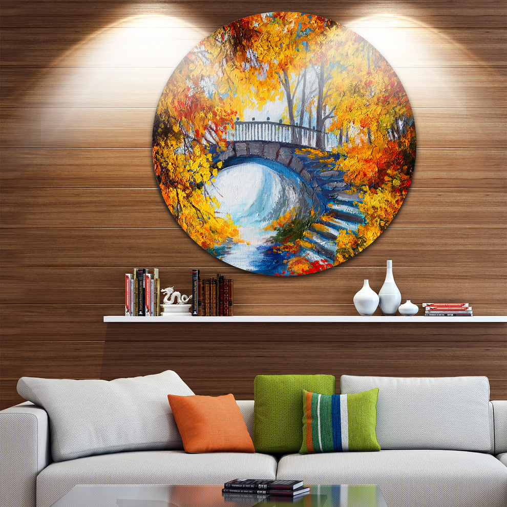 Fall Forest With A Bridge, Landscape Disc Metal Artwork, 23"