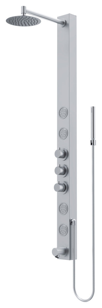 Bowery 58" H x 4" W 4-Jet Shower Panel with Round Shower Head and Tub Filler, Stainless