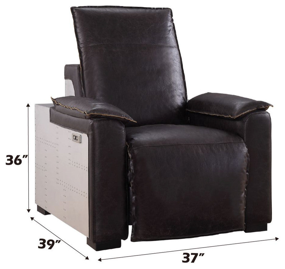 Acme Nernoss Power Motion Recliner Dark Grain Brown Leather and Aluminum