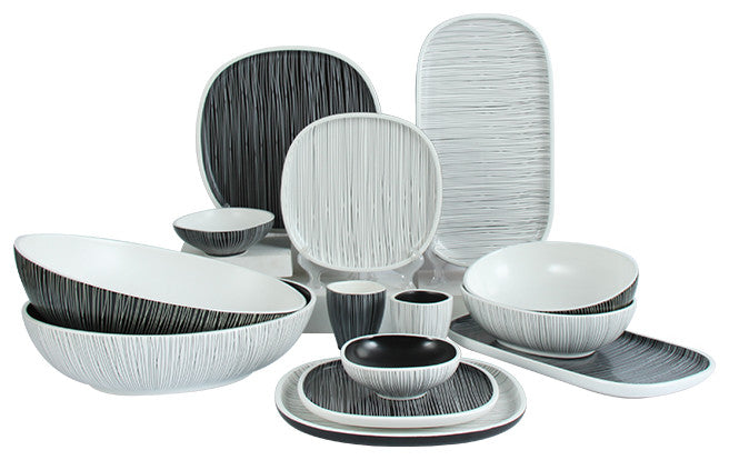 Black and White Dinnerware set, Black With White Lines, Small Oval Serving Bowl