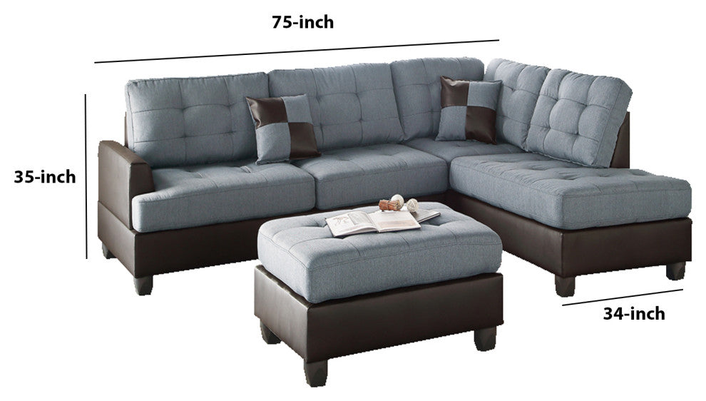 Benzara BM168702 Polyfiber 3 Pieces Sectional Set, Blue and Brown