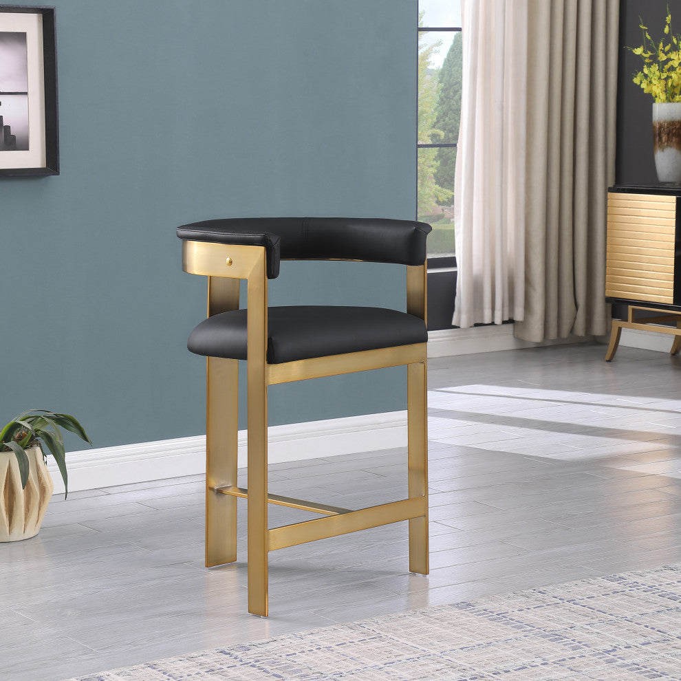 Romeo Upholstered Counter Stool, Set of 2, Black, Vegan Leather, Brushed Gold