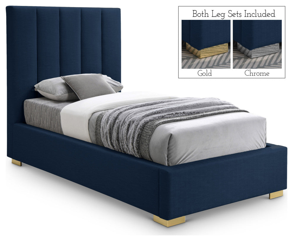 Pierce Linen Textured Fabric Upholstered Bed, Navy, Twin
