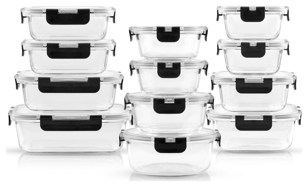 24 Piece Glass Storage Containers With Leakproof Lids Set Black