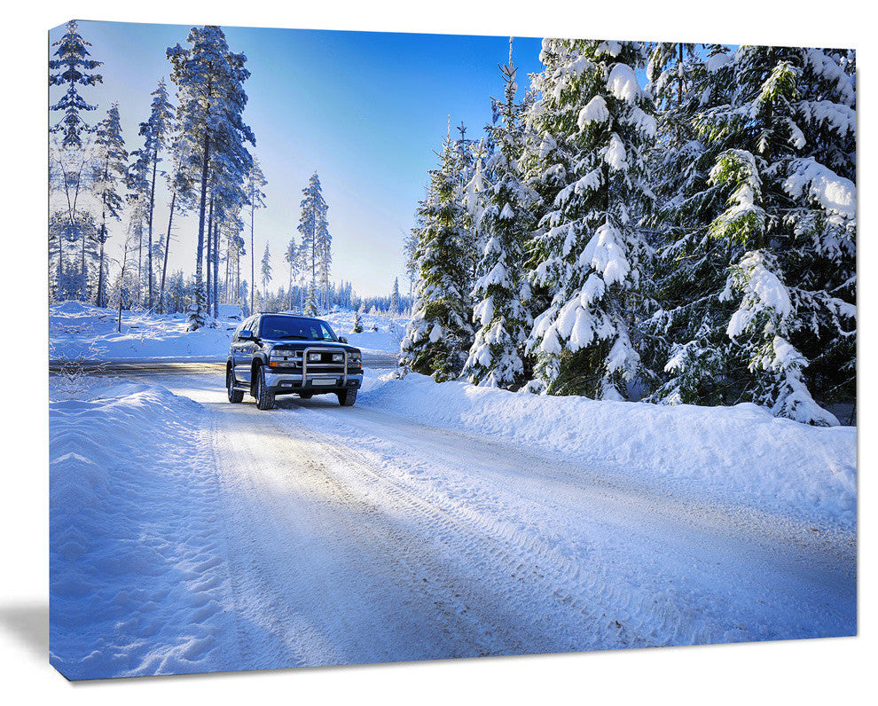 SUV Car Though Snowy Winter, Landscape Canvas Art Print, 40"x30"