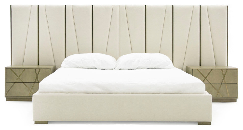 Nixa Modern Beige Velvet, Brushed Bronze Bed, Eastern King