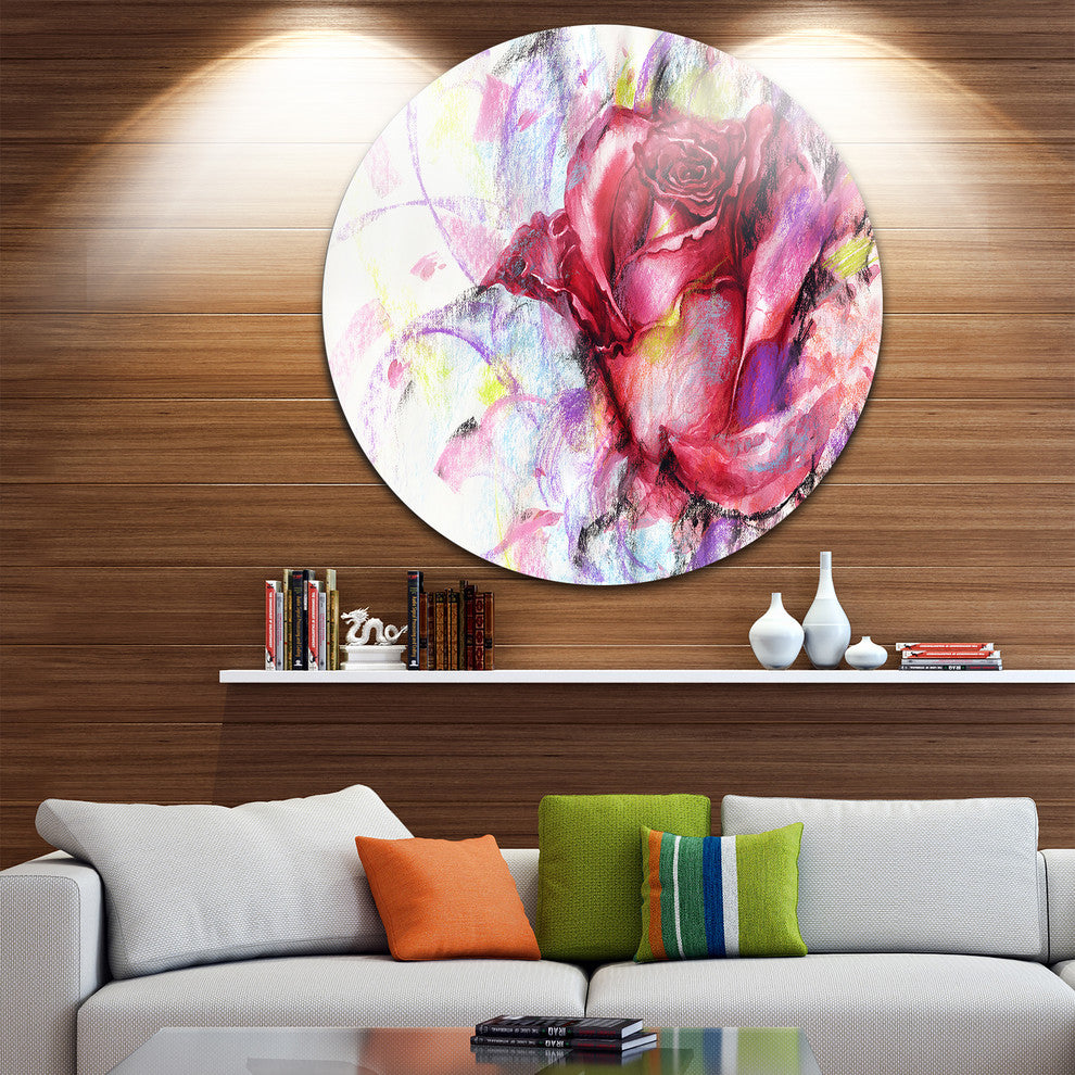 Red Rose Illustration, Digital Art Floral Round Wall Art, 23"