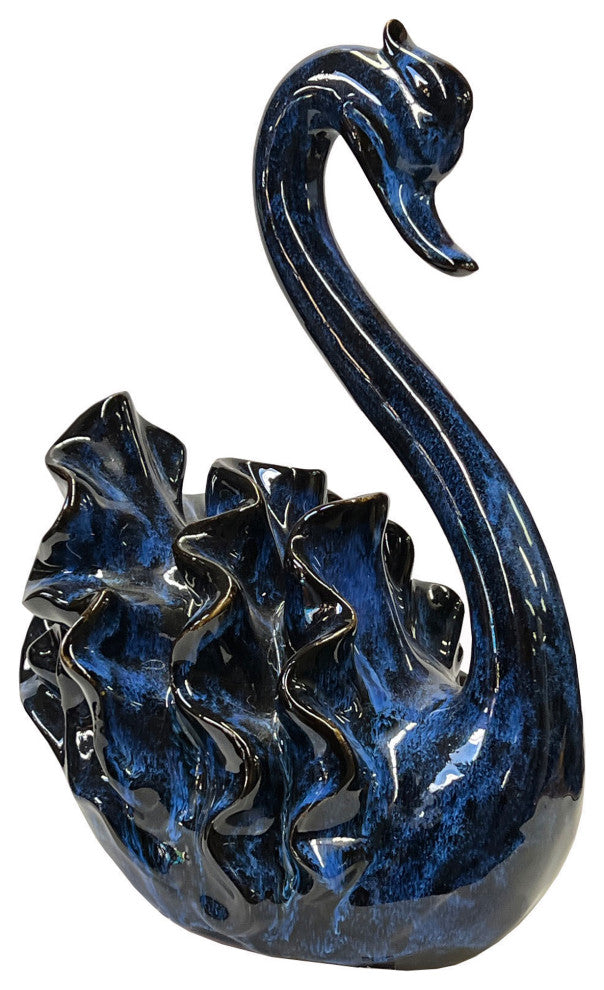 Ceramic Clay Navy Blue Wave Ribbon Feather Swan Art Figure Hws3102