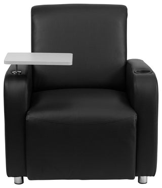 Black Leather Guest Chair with Tablet Arm, Chrome Legs and Cup Holder