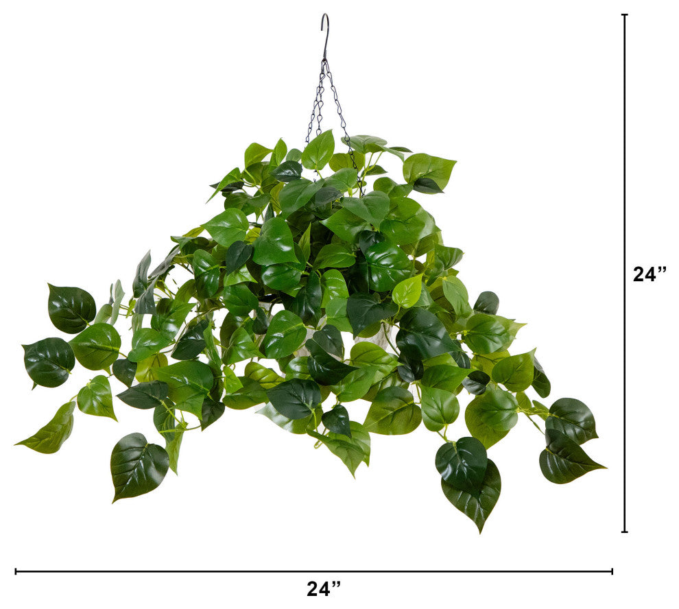 24in. Prelit UV Resistant Artificial Philodendron, White Hanging Basket
