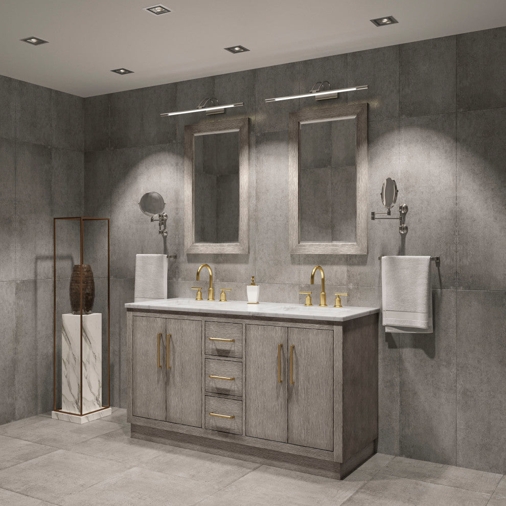 Hugo Carrara White Marble Countertop Vanity in Gray Oak, Satin Gold Hardware, 60", Vanity With Gooseneck Faucet