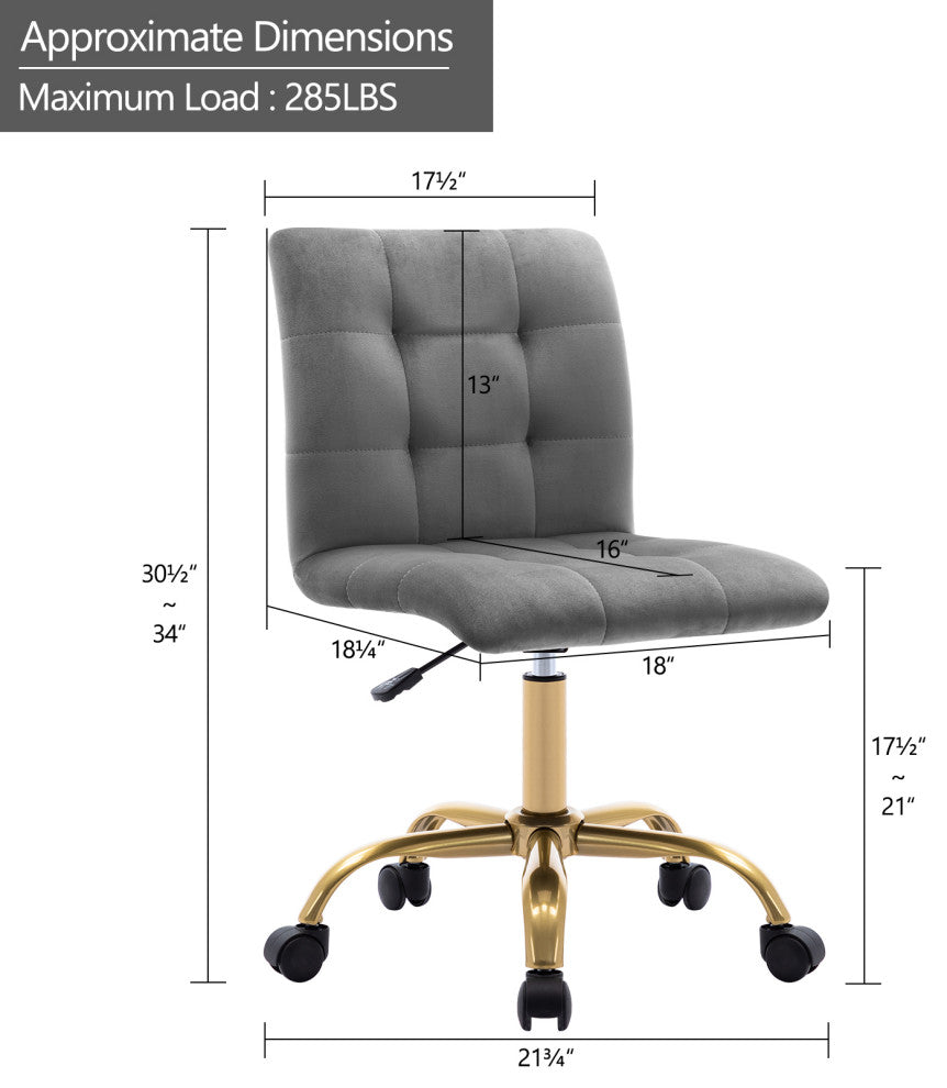 Square Tufted Desk Rolling Chair, Grey-Velvet