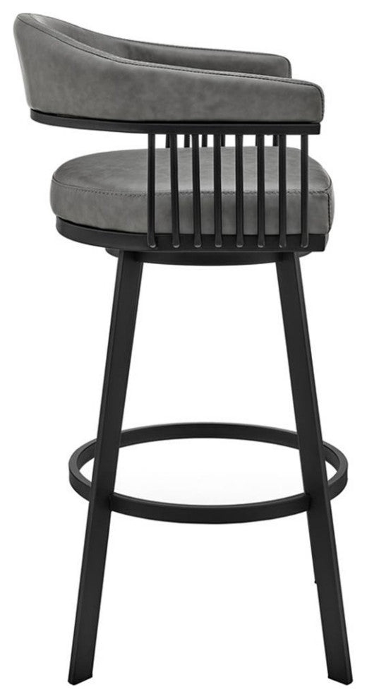 Armen Living Bronson 30" Faux Leather Swivel Bar Stool in Gray/Matte Black