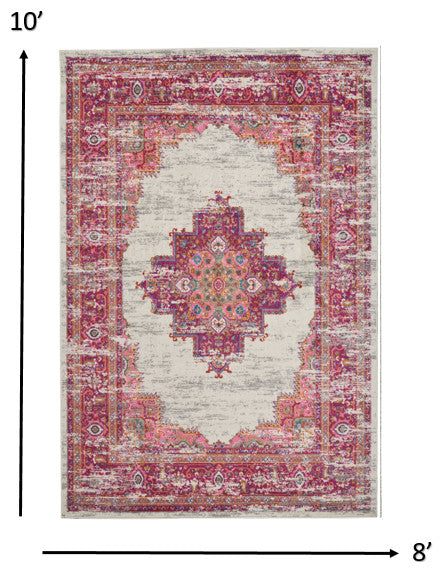 8 x 10' Ivory and Fuchsia Distressed Area Rug