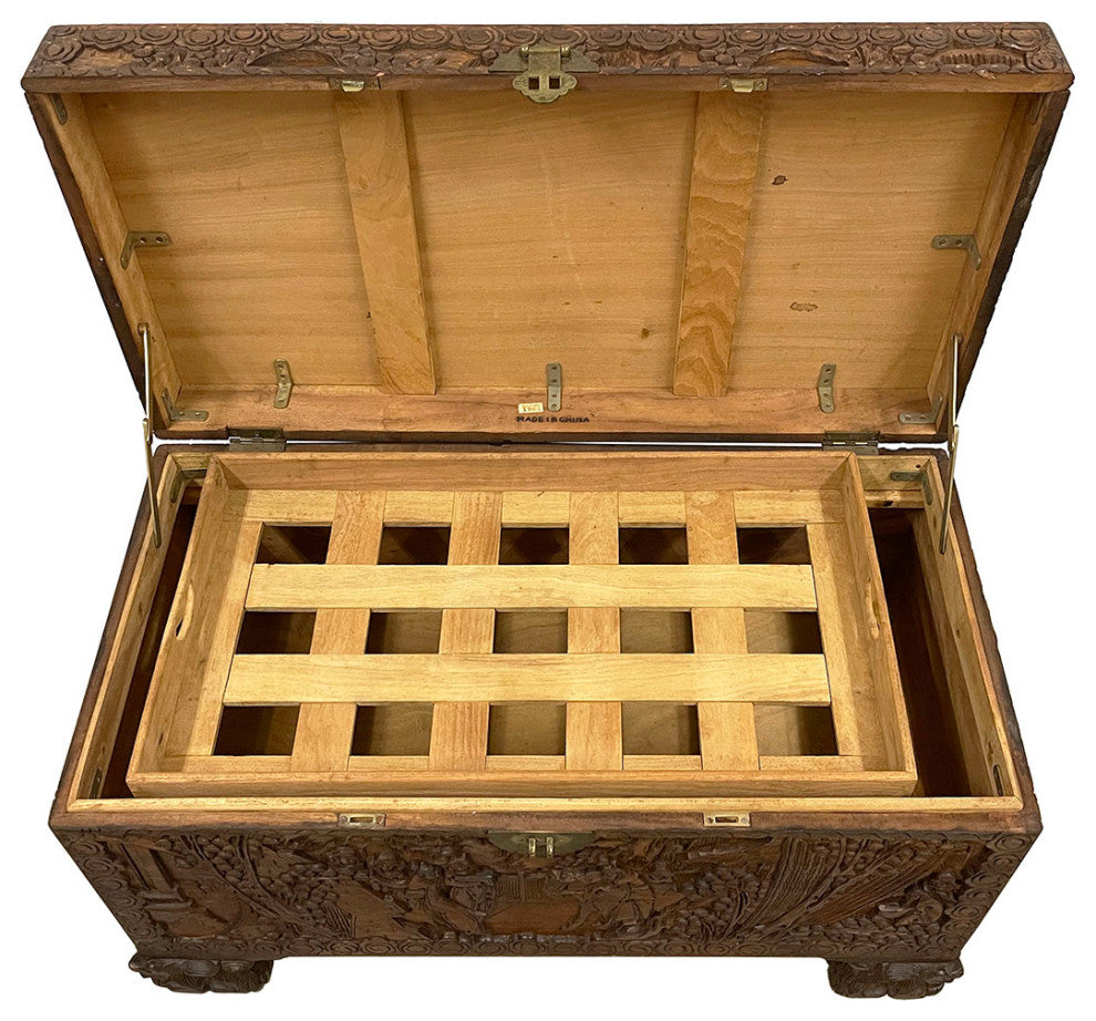 Consigned Early 20th Century Chinese Carved Camphor Wood Hope Chest