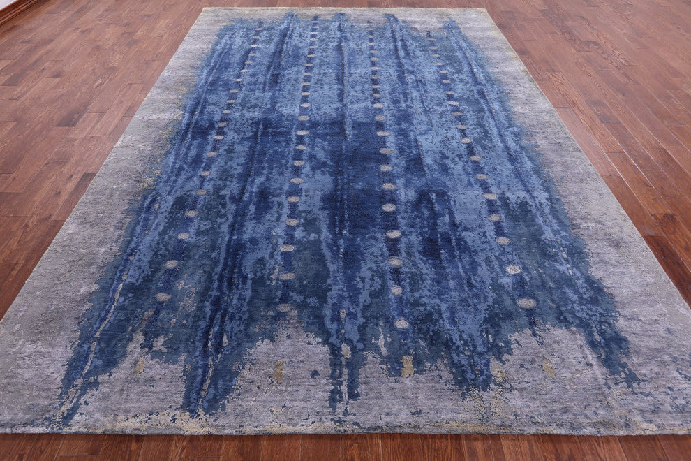 8' 11" X 12' 3" Modern Wool and Silk Handmade Rug Q9049