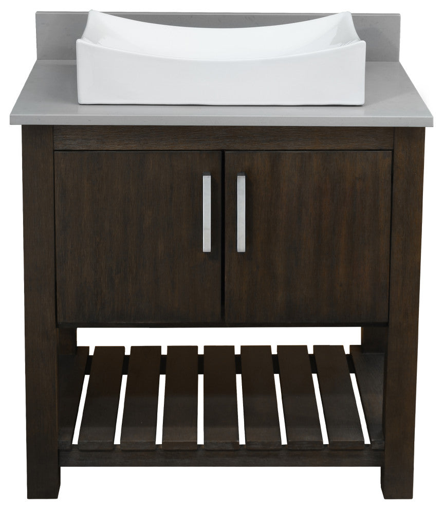30" Vanity, Smoke Grey Quartz Top, Backsplash, Sink, Drain, and P-Trap, Chrome, Without Mirror