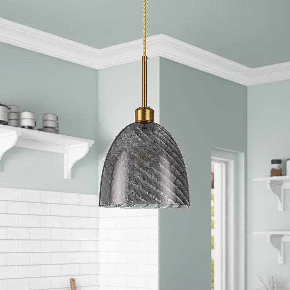 Modern Brushed Bronze 1-Light Smoke Grey Striped Glass Pendant Light