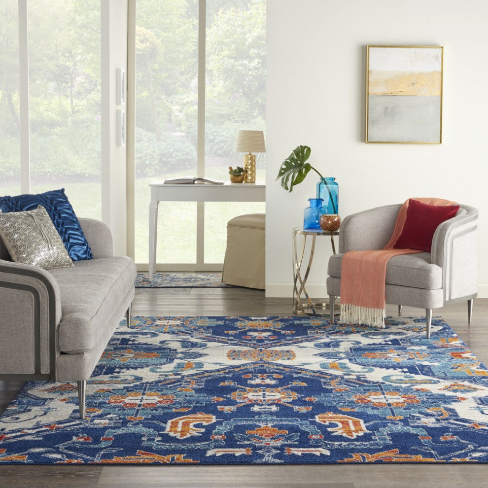 8' X 10' Blue And Ivory Floral Power Loom Area Rug