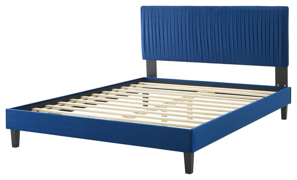 Platform Bed Frame, King Size, Velvet, Blue Navy, Modern Contemporary, Bedroom