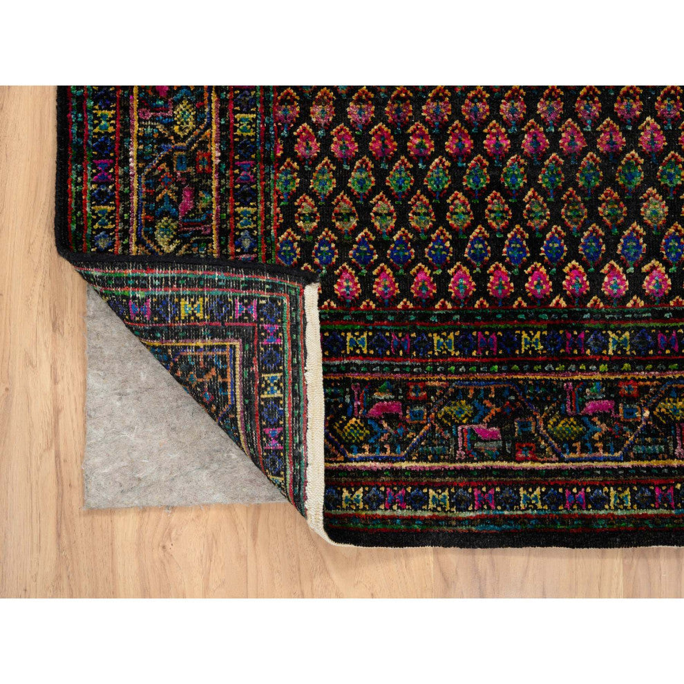 Black, Sarouk Mir Inspired Design, Wool and Silk Hand Knotted Rug, 4'0"x6'0"