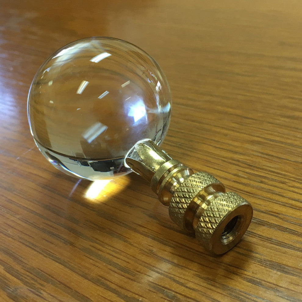 Large Clear Ball K9 Crystal Lamp Finial with Polished Brass Base, Set of 2