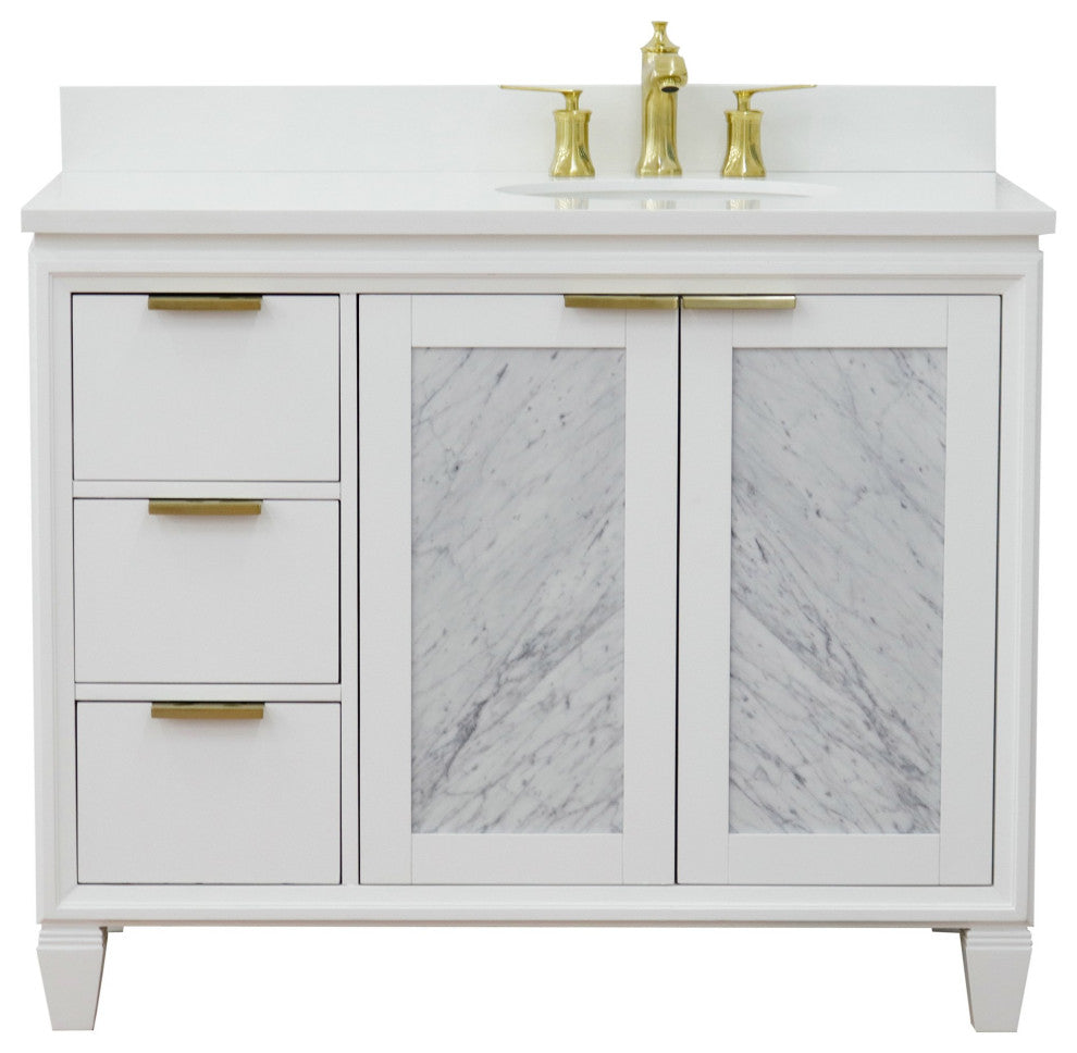 43" Single Vanity, White Finish With White Engineered Stone Top