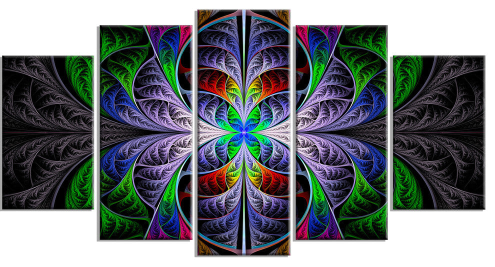 Beautiful Fractal Stained Glass, Contemporary Wall Art Canvas, 60"x32", 5 Panels