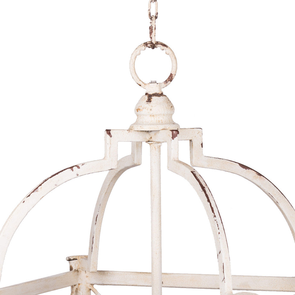 Benzara BM285215 Chandelier, Birdcage Design Iron, Farmhouse Weathered White