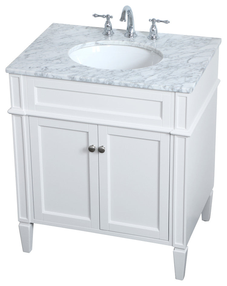 Home Living Vanity with Carrara White Marble Countertop, White, 30", Single Sink