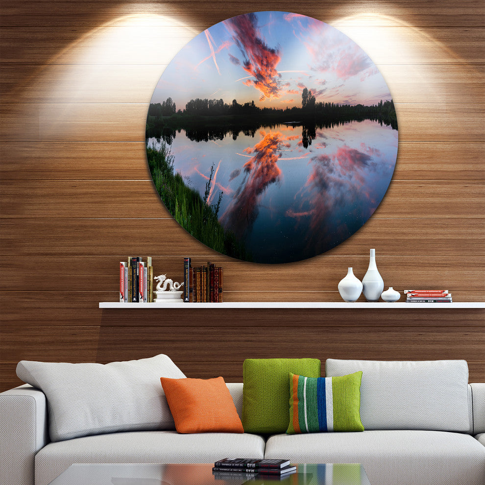 Sunset Sky Mirrored In Lake Water, Landscape Disc Metal Wall Art, 23"