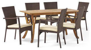 GDF Studio 7-Piece Caprise Outdoor Dining, Wood Table With Wicker Chairs Set