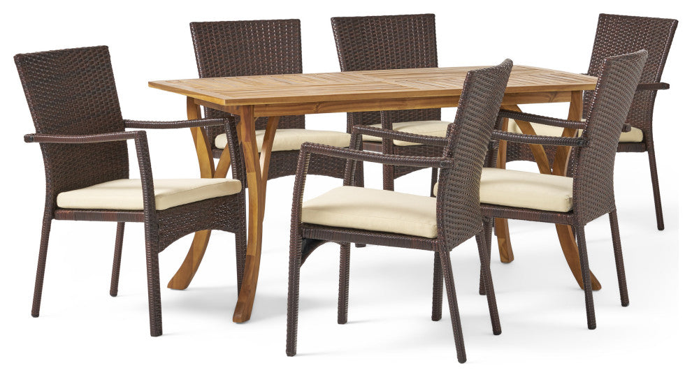 GDF Studio 7-Piece Caprise Outdoor Dining, Wood Table With Wicker Chairs Set