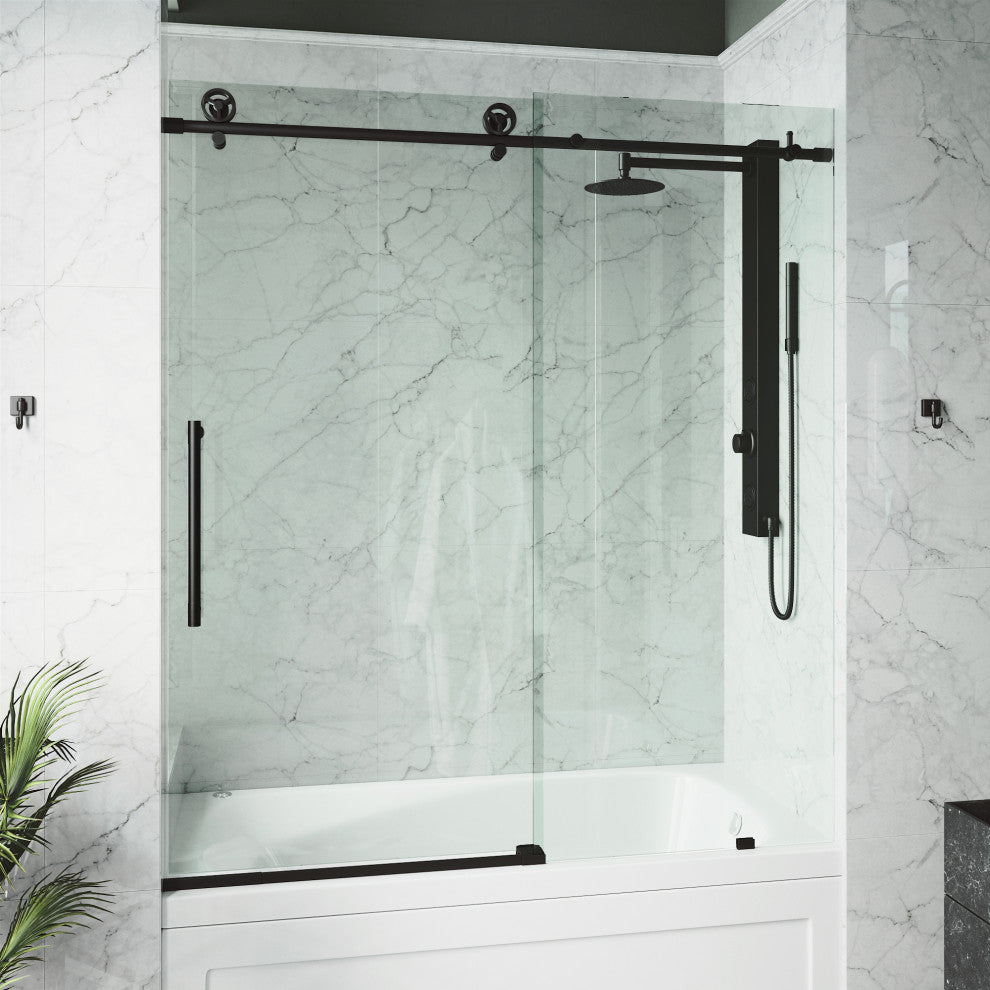 VIGO Elan Cass Aerodynamic 56" to 60" W x 66" H Frameless Sliding Tub Door, Matte Black, Clear Glass