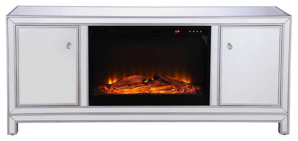 60" Mirrored Tv Stand With Wood Fireplace Insert In Antique Silver