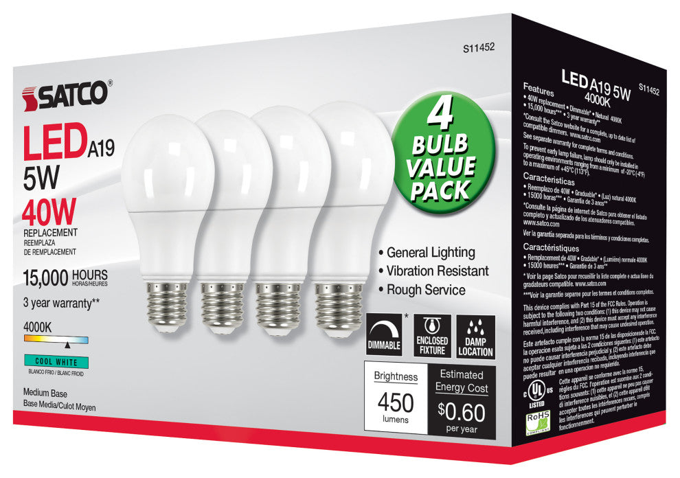 5W A19 LED, 4000K, Dimmable, Medium Base, 230 deg. Beam Angle, 4-Pack