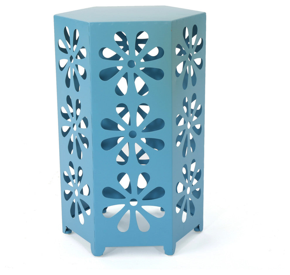 GDF Studio Girra Indoor 14" Iron Floral Side Table, Matte Blue