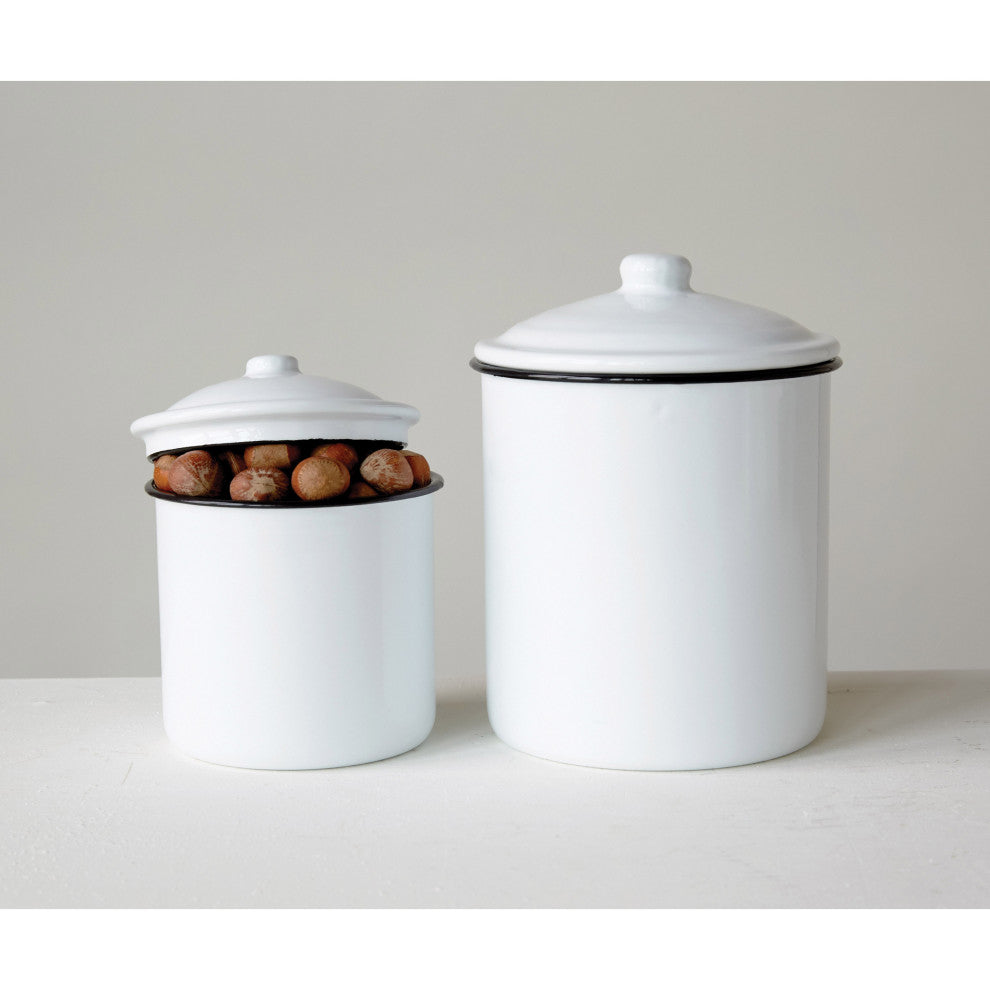 White Enameled Canisters With Lids, 2-Piece Set