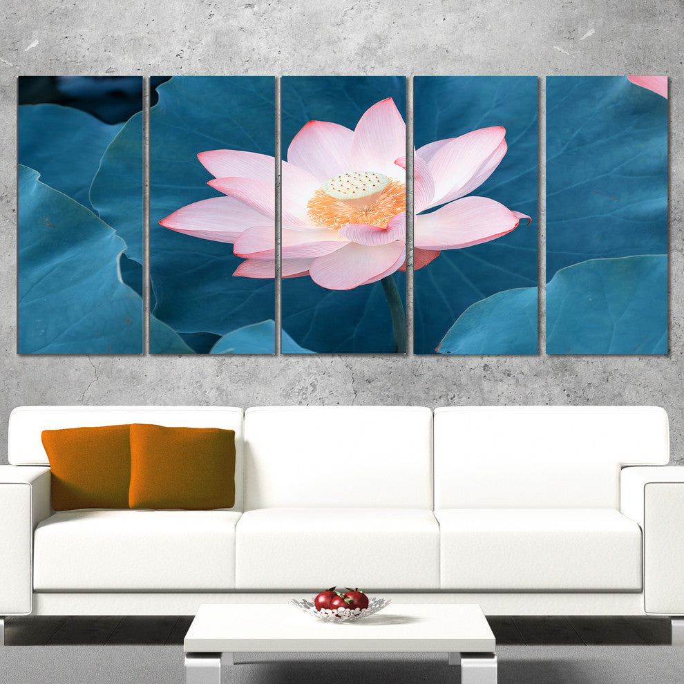 "Blooming Pink Lotus Flower" Oversized Beach Canvas Artwork, 5 Panels, 60"x28"