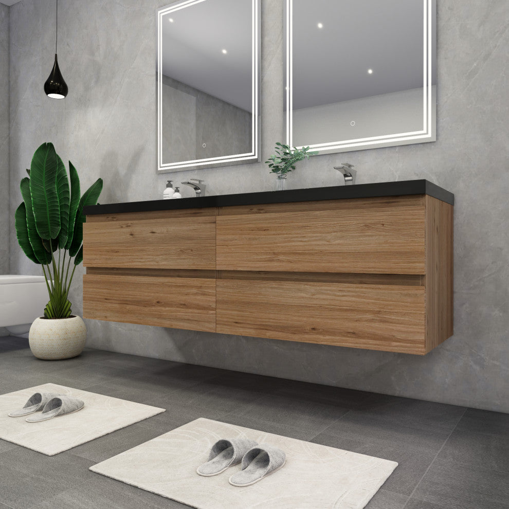 Belli 72" Double Sink Wall Mount Vanity Set, Natural Oak, Matt Black Top