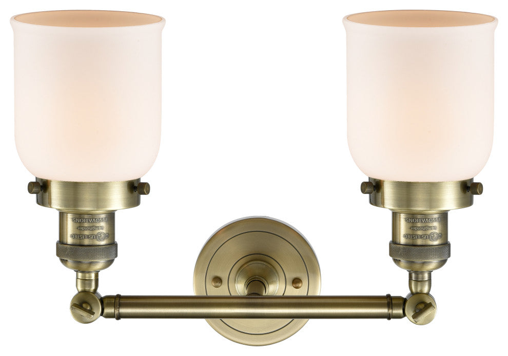 2-Light Small Bell 16" Bath Fixture, Antique Brass, Glass: White Cased