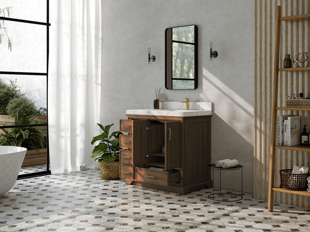 Charlotte Teak 36" Bathroom Vanity Right Offset Dark Natural 1.5" Empira Quartz